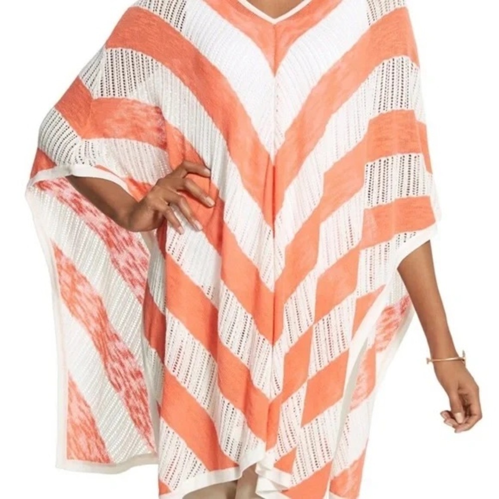 Chico's Sweater Womens OS One Size Coral White Striped Poncho Shawl Knit Top NWT